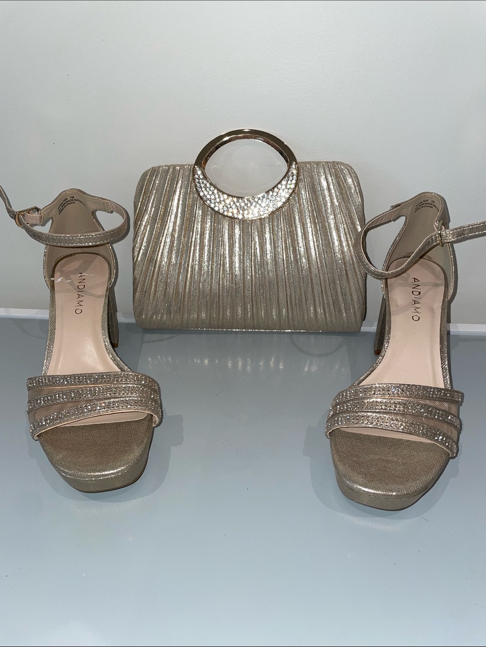 Metallic Gold/Nude Block Heel Sandals with Ankle Strap PLUS Matching Clutch NWOT